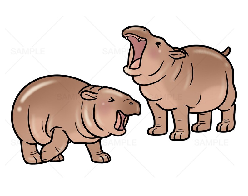 May include: Two cartoon hippos with open mouths, one brown and one light brown, are shown against a white background.