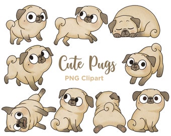 Schattige Pug aquarel clipart, Kawaii Pugs, Pug illustraties, met de hand getekend, PNG, commercieel gebruik