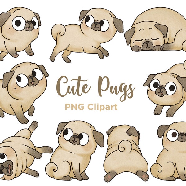 Cute Pug Watercolor Clipart, Kawaii Pugs, Pug Illustrations, Hand drawn, PNG, Commercial Use