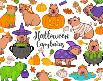 May include: A collection of Halloween-themed capybara illustrations. The capybaras are dressed in costumes, including a witch, mummy, and pumpkin. The image includes pumpkins, cauldrons, and the text "Halloween Capybaras."