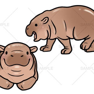 May include: Two cartoon hippos, one standing and one sitting. The standing hippo is brown and has a wide open mouth. The sitting hippo is a lighter brown and has a closed mouth with a smile.