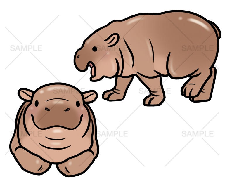 May include: Two cartoon hippos, one standing and one sitting. The standing hippo is brown and has a wide open mouth. The sitting hippo is a lighter brown and has a closed mouth with a smile.