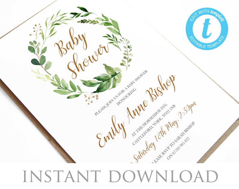 Greenery Baby Shower Invitation Foliage Invite Baby Shower Etsy