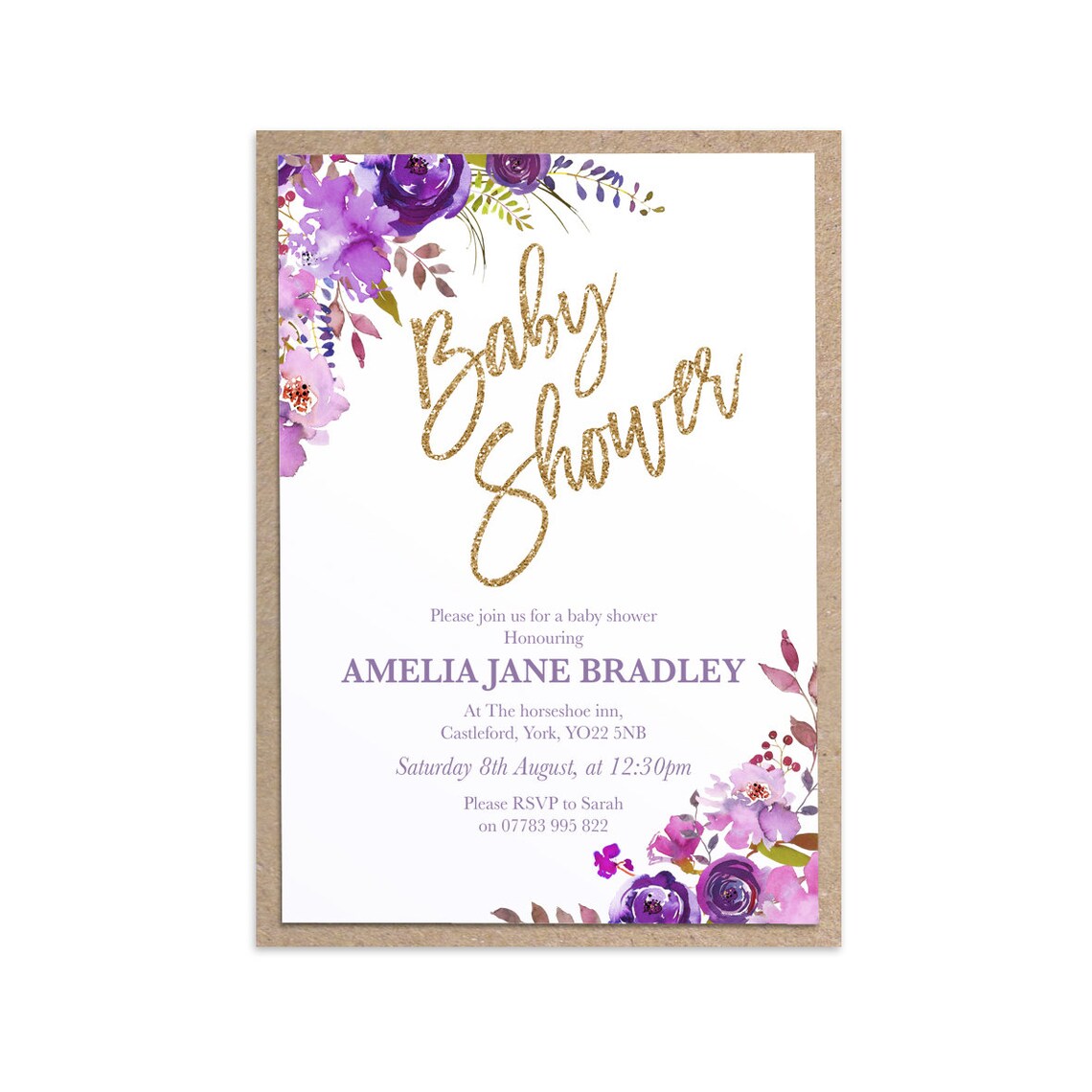 Purple Gold Floral Baby Shower Invitation Purple Peony | Etsy