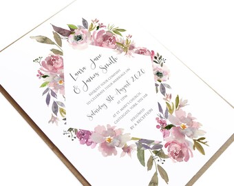 Dusty Rose Wedding Invitations, Diamond Frame, Mauve Wedding, Dusky Pink Wedding, Pink Rose, Blush Wedding, Watercolour roses - SAMPLE