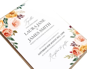 Autumn Floral Wedding Invitations, Autumn Wedding, Fall Wedding, Burgundy & Orange, Peach Wedding, October Wedding, SAMPLE