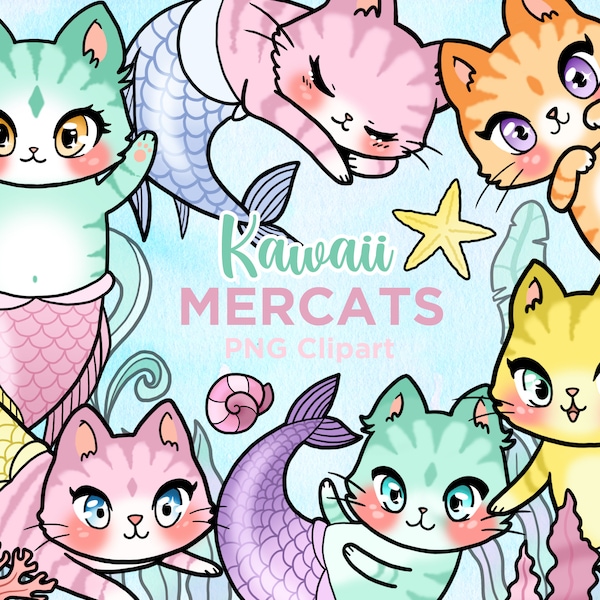 Kawaii Mercat Clipart, Clipart sirène chat, sirène Kitty, Pastel, mignons chats sirène, anime sirènes, chat Clipart, imprimable, usage Commercial