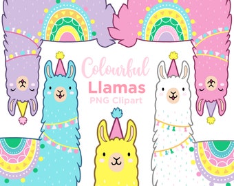 Llama Clipart, Colourful Llama Clipart, Llama Party, Cute Llamas, Pastel, Alpaca Clipart, Printable, Commercial Use