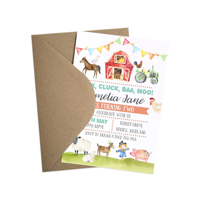 Farm Yard Invitation, Christening, Mitzvah, Children's Party Birthday, Petting Zoo, Floral, Cute Animals, Baby Animals, Farm Birthday image 2