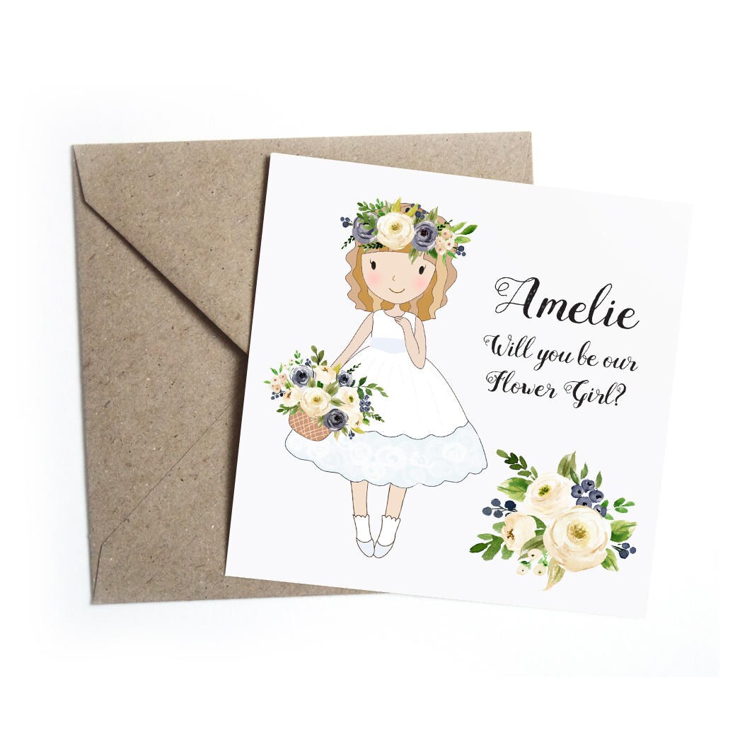 Will You Be My Flower Girl Card Personalised Blue Ivory Etsy UK