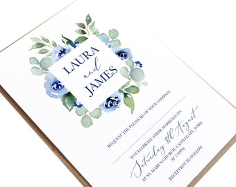 Navy Rose Wedding Invitations, Square Wreath, Navy Wedding Invitations, Watercolour Floral, Blue Wedding, Watercolour roses - SAMPLE