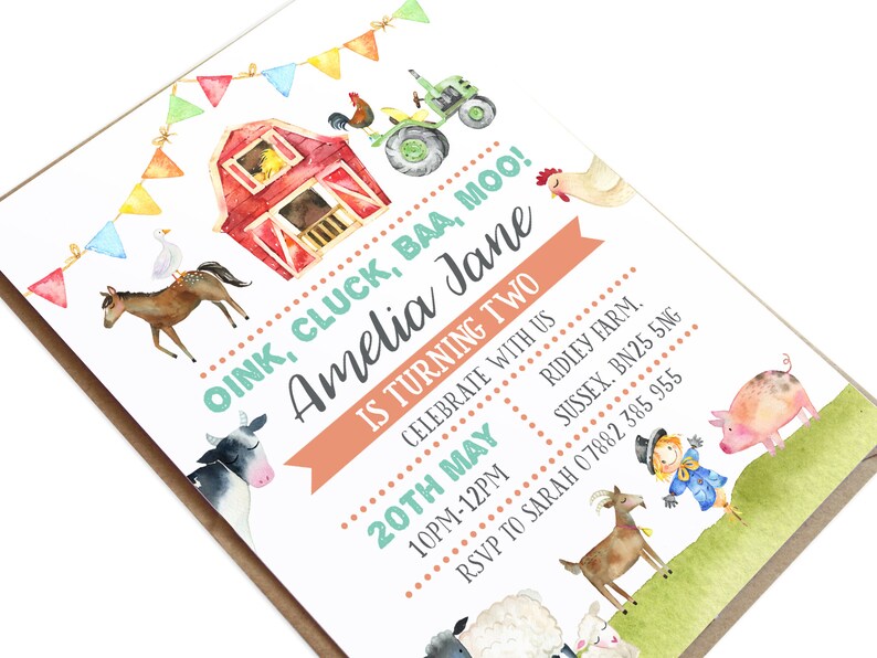 Farm Yard Invitation, Christening, Mitzvah, Children's Party Birthday, Petting Zoo, Floral, Cute Animals, Baby Animals, Farm Birthday image 1