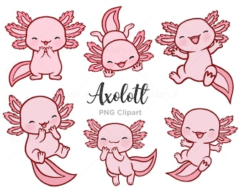 Cute Kawaii Axolotl Clipart, Hand-Drawn PNG (Commercial Use)