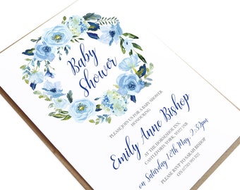 Baby Shower Invitation, Blue Floral, Baby Blue Invite, Blue Baby Shower Invite, Blue Watercolour Invitation