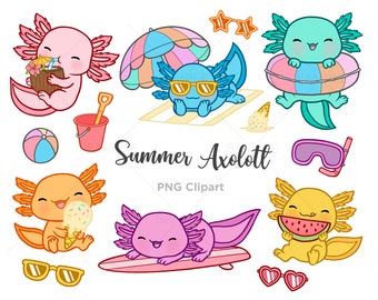 Cute Axolotl Clipart, Summer, Kawaii Axolotl, Axolotl Illustrations, Hand drawn, PNG, Commercial Use