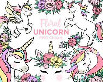 Unicorn Clipart, Floral Unicorn Graphics, Pony, Horse, Pastel, Unicorn Birthday, Printable, Commercial Use