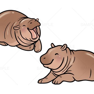 May include: Two cartoon hippos, one with its mouth open and the other with a closed mouth and a smile. Both hippos are brown and have black eyes.