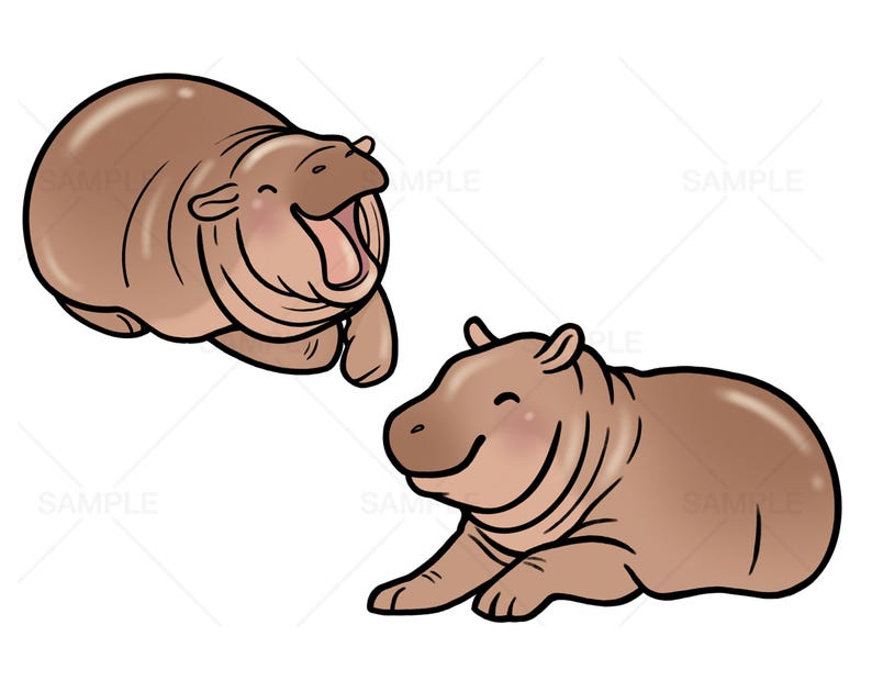 May include: Two cartoon hippos, one with its mouth open and the other with a closed mouth and a smile. Both hippos are brown and have black eyes.