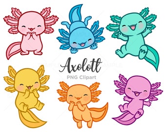 Cute Axolotl Clipart, Kawaii Axolotl, Axolotl Illustrations, Hand drawn, PNG, Commercial Use