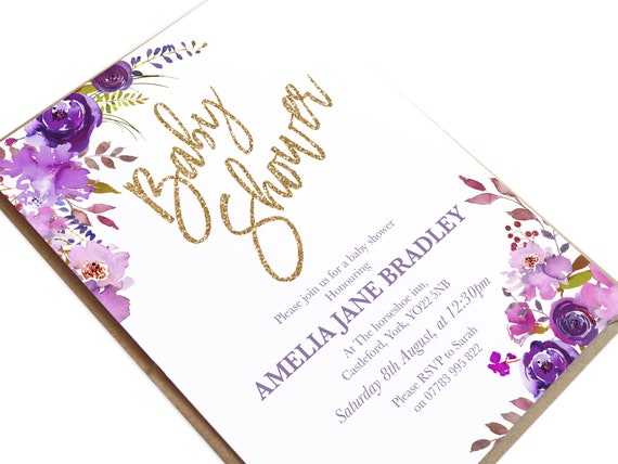 Purple Gold Floral Baby Shower Invitation Purple Peony | Etsy