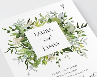 Greenery Wedding Invitations, Green Wreath, Eucalyptus Wreath, Green Leaf, Botanical Wedding, Leaf Invitation - SAMPLE