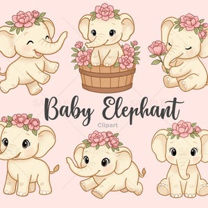 Clipart floral bébé éléphant, bébé mignon Clipart Animal, clipart chambre d'enfant, Shower de bébé Safari dans la jungle, dessiné à la main, PNG, usage Commercial