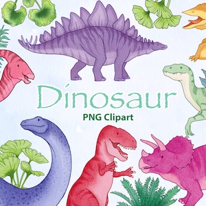 Dinosaur Clipart, Colourful Dino Clip Art, Watercolour Dinosaurs, T Rex, Triceratops, Diplodocus, Dinosaur PNG, Commercial Use