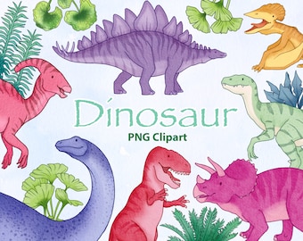 Dinosaur Clipart, Colourful Dino Clip Art, Watercolour Dinosaurs, T Rex, Triceratops, Diplodocus, Dinosaur PNG, Commercial Use
