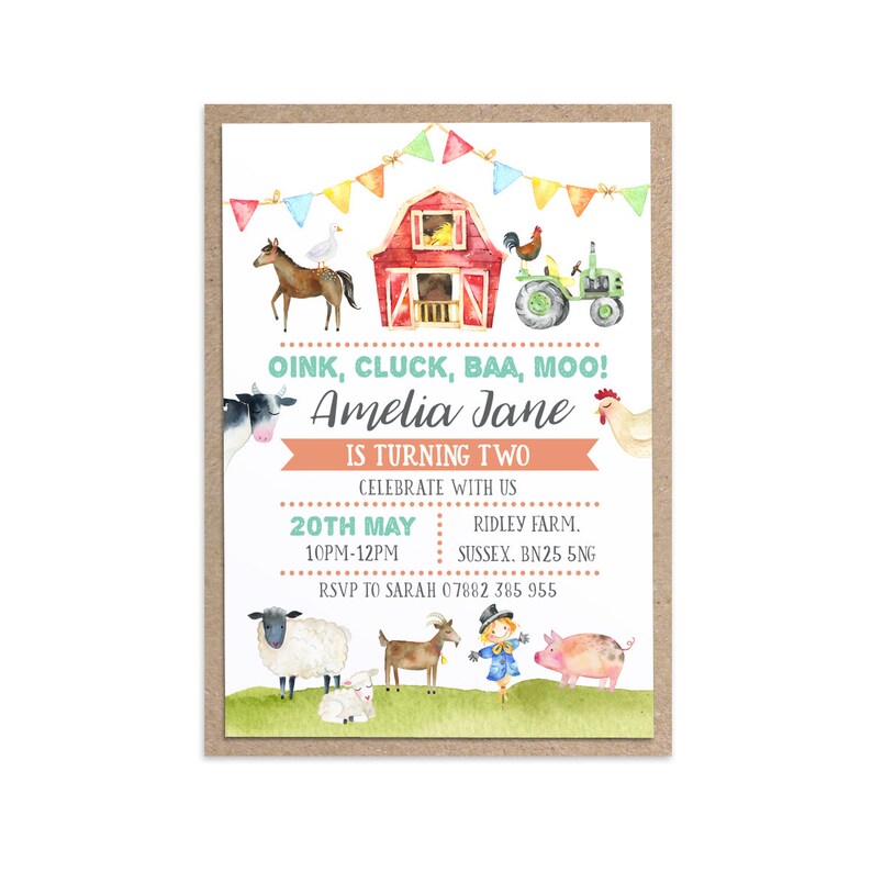 Farm Yard Invitation, Christening, Mitzvah, Children's Party Birthday, Petting Zoo, Floral, Cute Animals, Baby Animals, Farm Birthday image 3