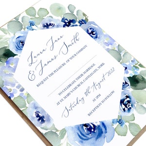 Navy Rose Wedding Invitations, Geometric Navy Wedding Invitations, Watercolour Floral, Blue Wedding, Blue Rose, Watercolour roses SAMPLE image 1