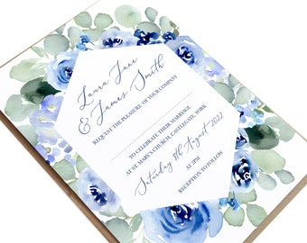 Navy Rose Wedding Invitations, Geometric Navy Wedding Invitations, Watercolour Floral, Blue Wedding, Blue Rose, Watercolour roses - SAMPLE