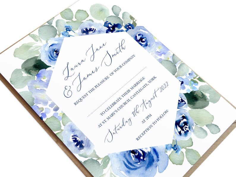 Navy Rose Wedding Invitations, Geometric Navy Wedding Invitations, Watercolour Floral, Blue Wedding, Blue Rose, Watercolour roses SAMPLE image 1