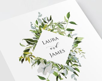 Greenery Wreath Wedding Invitations, Diamond Wreath, Eucalyptus Wreath, Green Leaf, Botanical Wedding, Leaf Invitation - SAMPLE