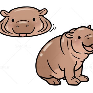 May include: Two cartoon illustrations of a brown hippopotamus. The first hippo is partially submerged in water, showing only its head and shoulders. The second hippo is standing on all fours with its mouth open in a smile.