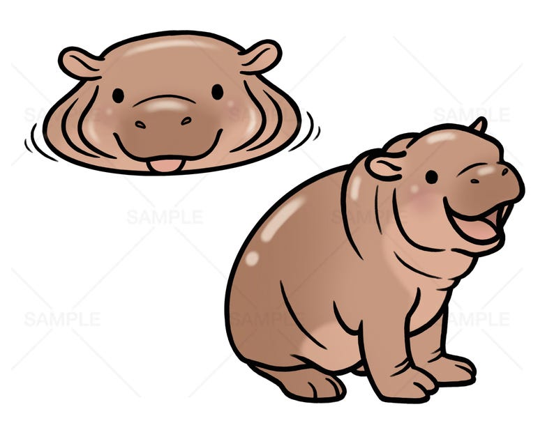 May include: Two cartoon illustrations of a brown hippopotamus. The first hippo is partially submerged in water, showing only its head and shoulders. The second hippo is standing on all fours with its mouth open in a smile.