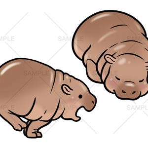 May include: Two cartoon hippos, one brown and one light brown, are depicted in different poses. The first hippo is running with its mouth open, while the second hippo is lying down with its eyes closed.