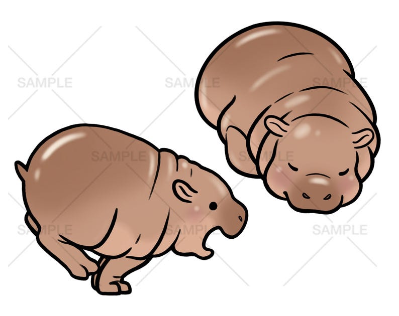 May include: Two cartoon hippos, one brown and one light brown, are depicted in different poses. The first hippo is running with its mouth open, while the second hippo is lying down with its eyes closed.