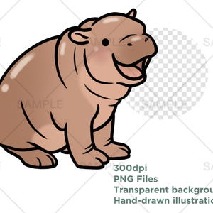 May include: A cartoon illustration of a brown hippopotamus with an open mouth, smiling and looking to the right. The hippopotamus is sitting on a white background.