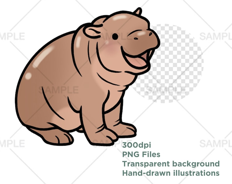 May include: A cartoon illustration of a brown hippopotamus with an open mouth, smiling and looking to the right. The hippopotamus is sitting on a white background.