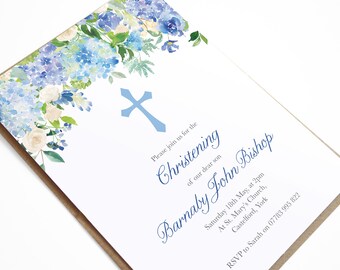 Blue Floral Baptism Invitation, Christening Invite, Confirmation, Boho, Watercolor Floral