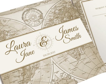 Vintage Map Wedding Invitation, Travel Invitation, Map Invitation, Adventure Wedding, Map Invite, World Map Wedding, Steampunk, SAMPLE