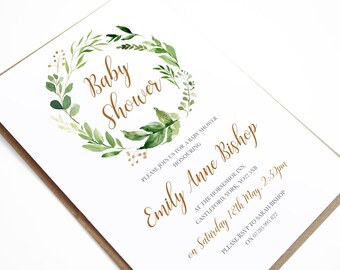 Greenery Baby Shower Invitation, Leafy Wreath Baby Shower Invitation, Botanical Invite, Watercolour Wreath