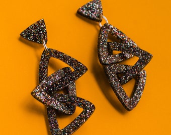 Glitter Triangle Dangly earrings triple triangle drops - laser cut acrylic jewellery