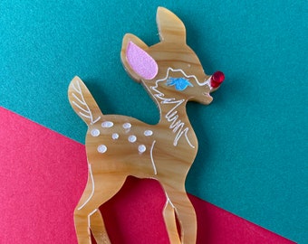 Retro Rudolph Bambi brooch, acrylic deer brooch, Christmas deer brooch