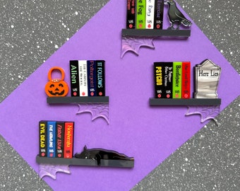 Halloween movie vhs shelf brooch, Shelfie brooch, Horror movie jewellery, acrylic pin badge, Halloween acrylic brooch, Choose your own films