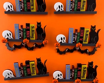 Halloween book shelf brooch, Shelfie brooch, Horror book jewellery, acrylic pin badge, halloween acrylic brooch