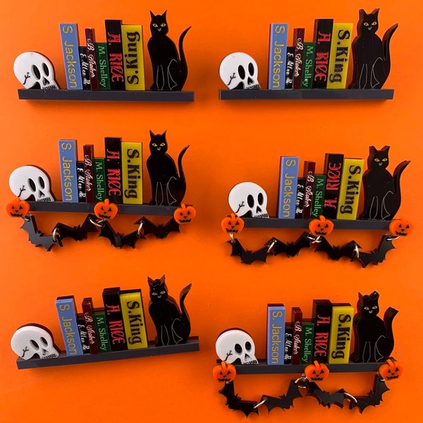 Halloween book shelf brooch, Shelfie brooch, Horror book jewellery, acrylic pin badge, halloween acrylic brooch