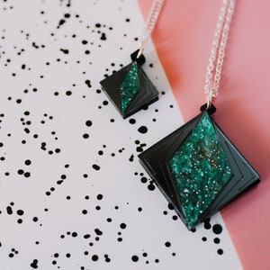 Geometric diamond pendent necklaces - laser cut acrylic jewellery - galaxy and mirrored acrylic