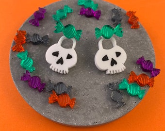 Acrylic Halloween earrings, skull earrings, candy earrings, sweet earrings ,mirrored earring, skulk ear jackets, halloween ear jackets