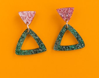 Fancy green and pink glittery marble acrylic, dangly earrings single triangle drops - laser cut acrylic jewellery